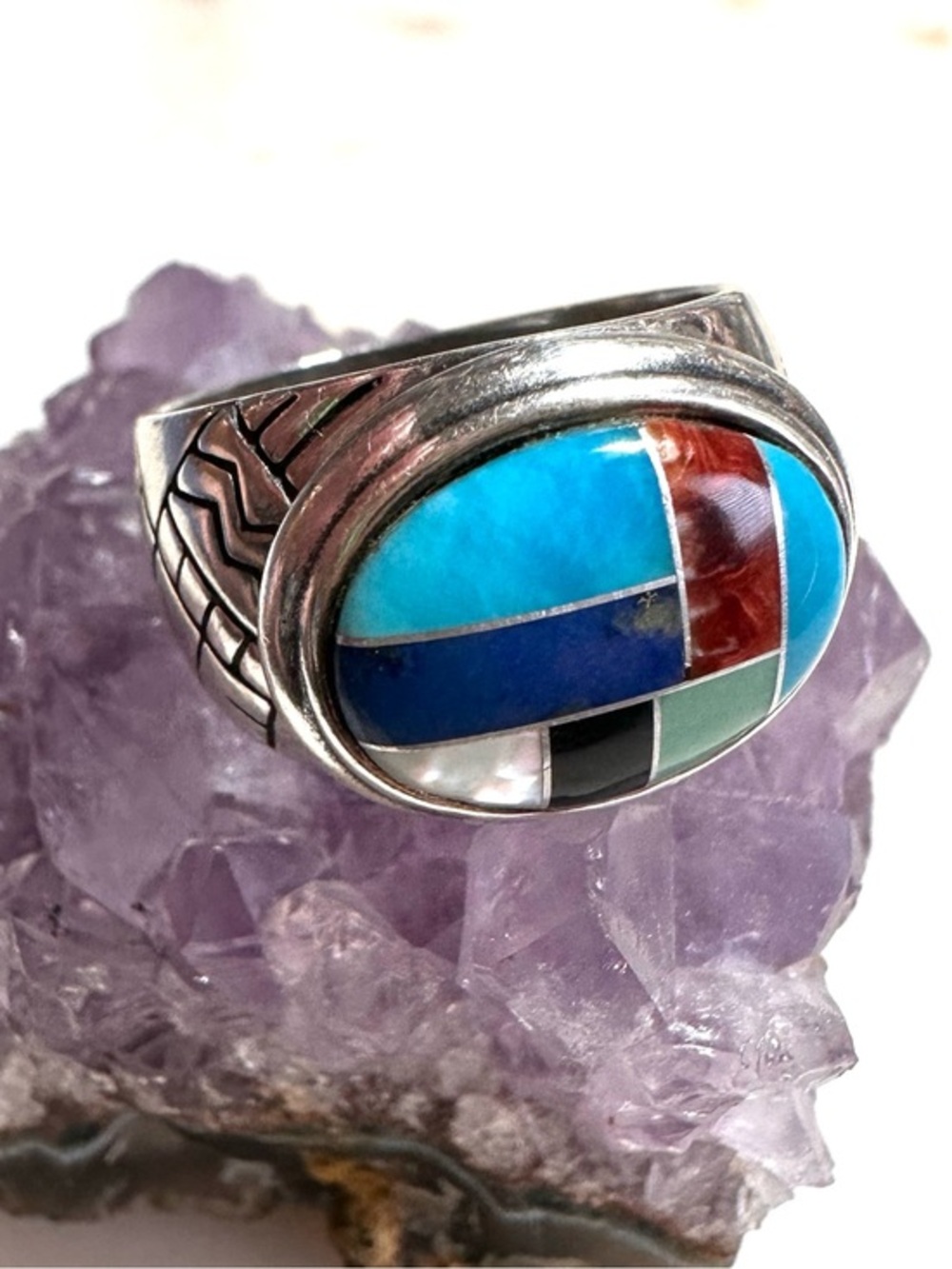 Carolyn Pollack Multi-Gemstone Geometric Inlay Southwest Sterling Silver Ring